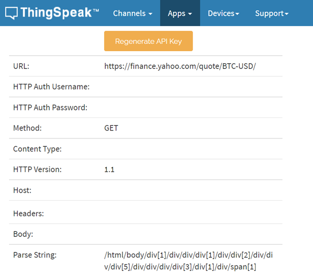 ThingSpeak page to find bitcoin price